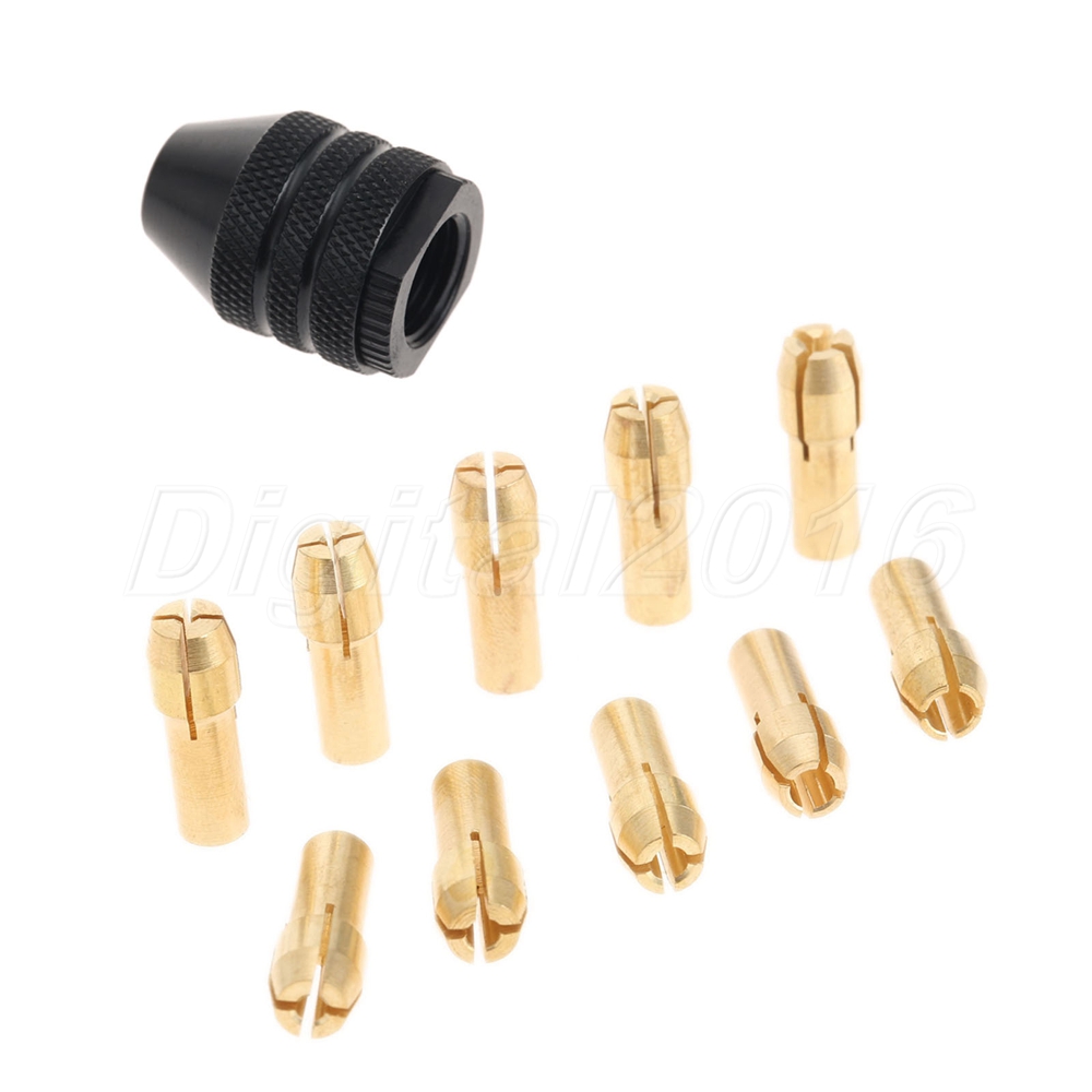 10pc 0.5mm-3.2mm Brass Collets 4.8mm Shank & Long Tail Keyless Chuck Rotary Tool 10pc 0.5mm-3.2mm Brass Collets 4.8mm Shank & Long Tail Keyless Chuck Rotary Tool