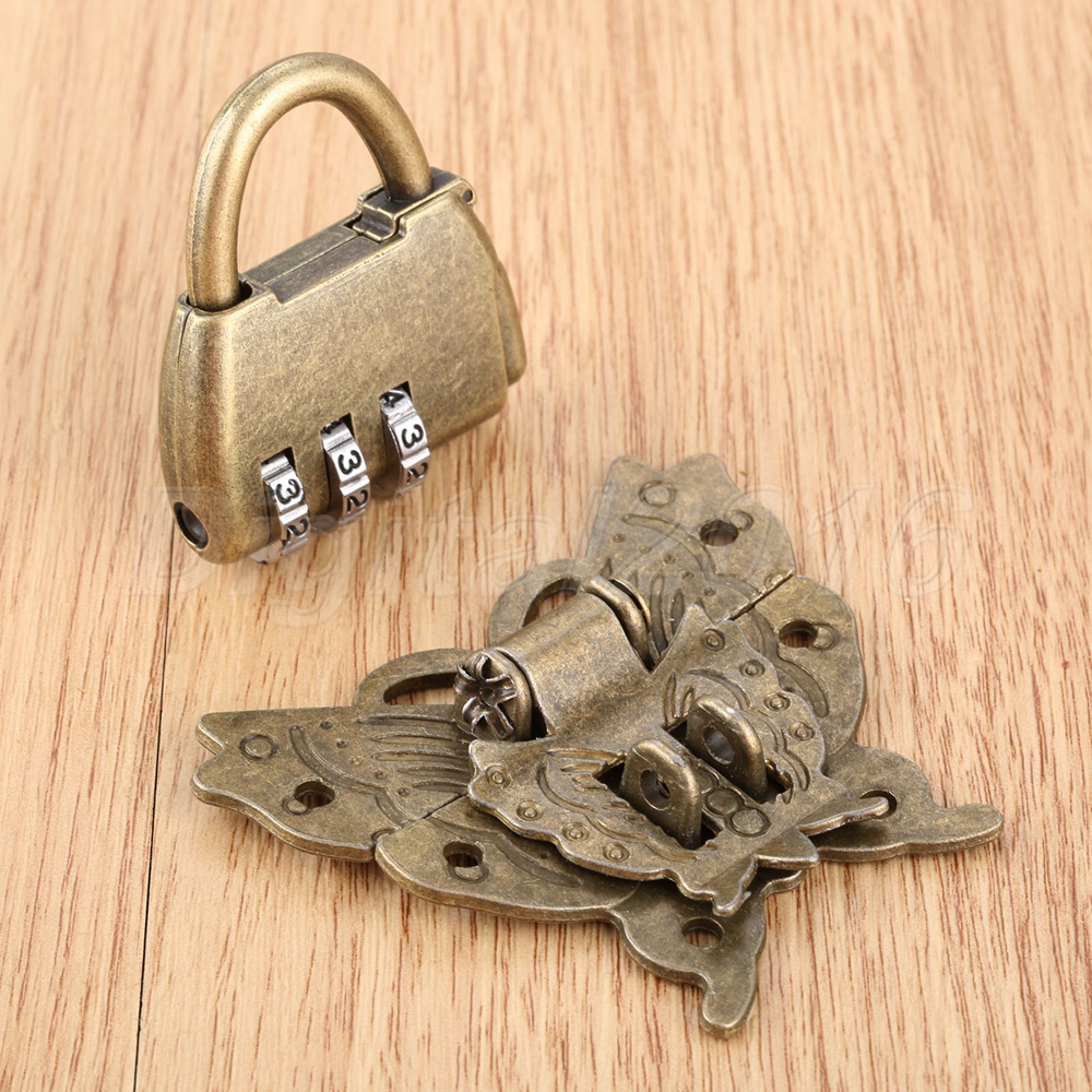Metal Password Padlock Lock Key & Butterfly Jewelry Box Latch Clasp Set
